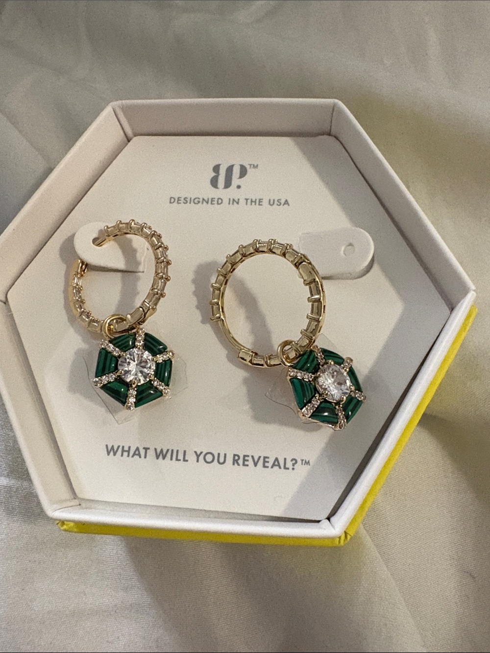 bp Gold Hoop Earrings with Emerald Green Crystal Flower Charms